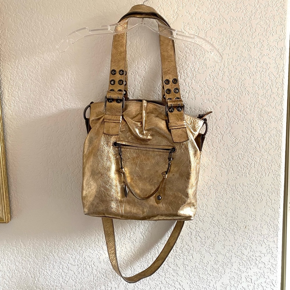 Gold bag with shoulder strap
